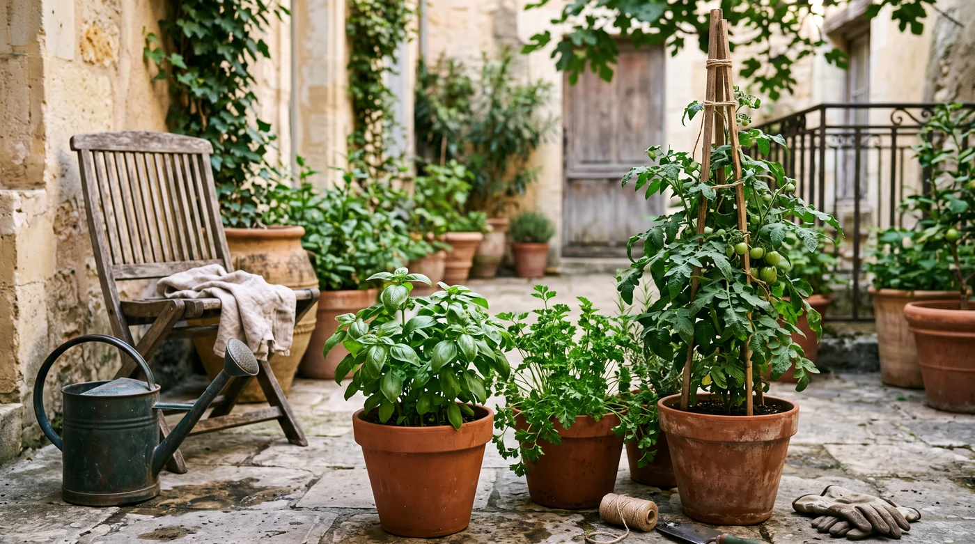 Terracotta containers with leafy plants, a timber chair and watering can in a small courtyard Terracotta containers with leafy plants, a timber chair and watering can in a small courtyard