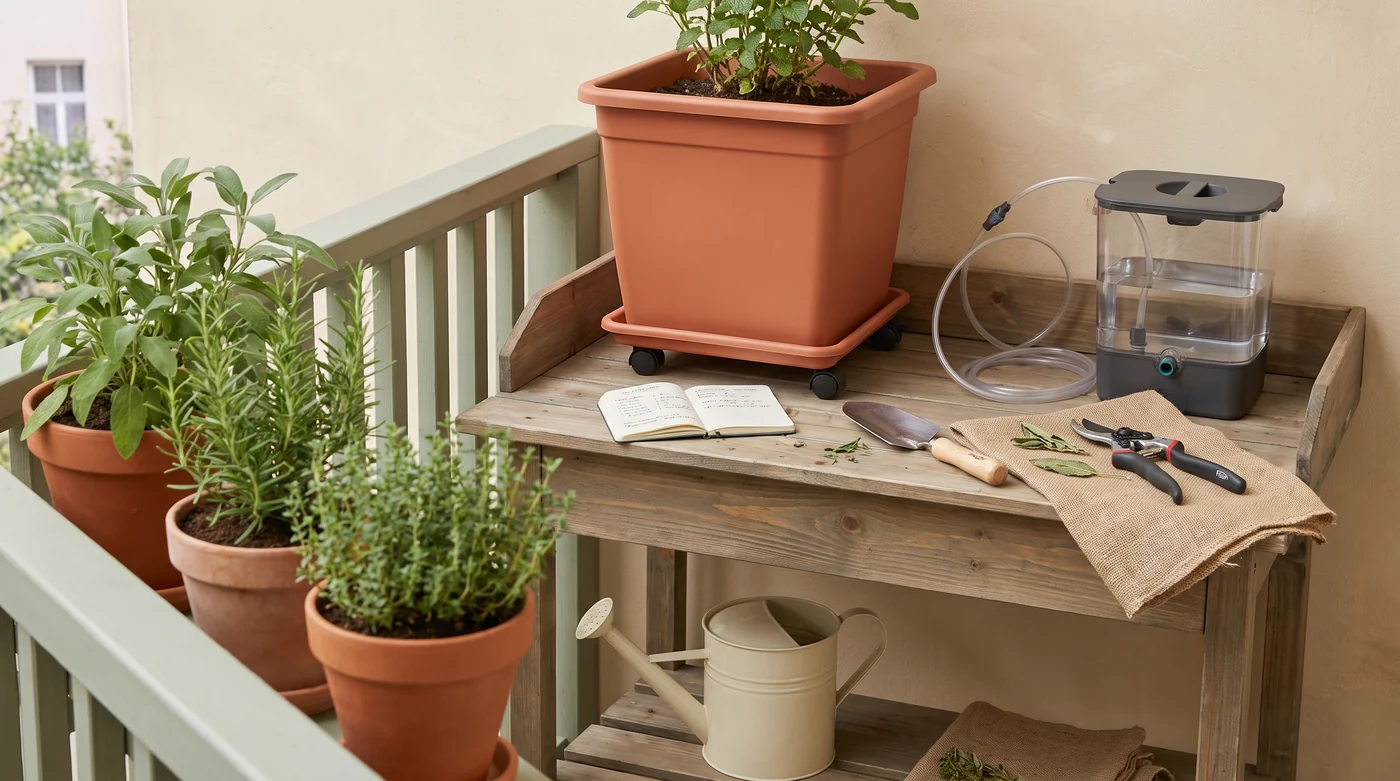 Chosen for the space you have. Herb pots and an irrigation container on a balcony potting bench.