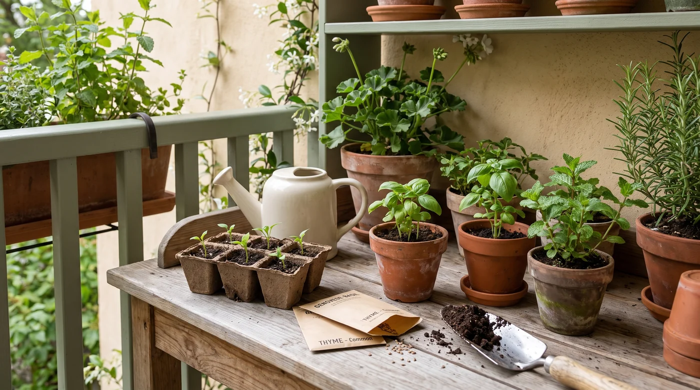A garden, right where you are. Young plants, terracotta herb pots and a watering can on the balcony bench.