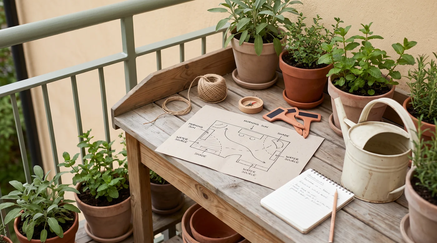 Make a growing-space map before buying plants A garden layout sketch, twine and tape measure beside herb pots.