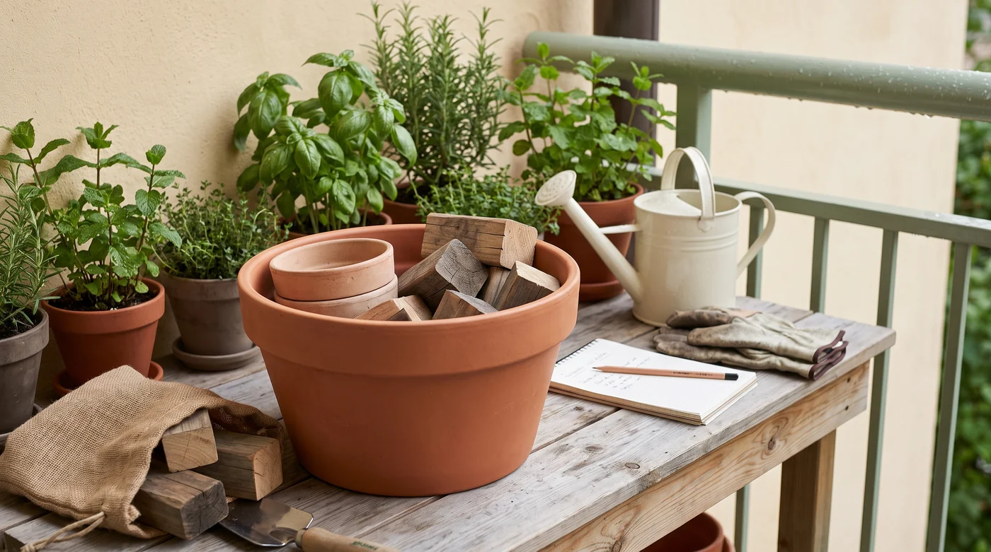 Measure the space inside a container A large pot containing smaller containers and wooden blocks.