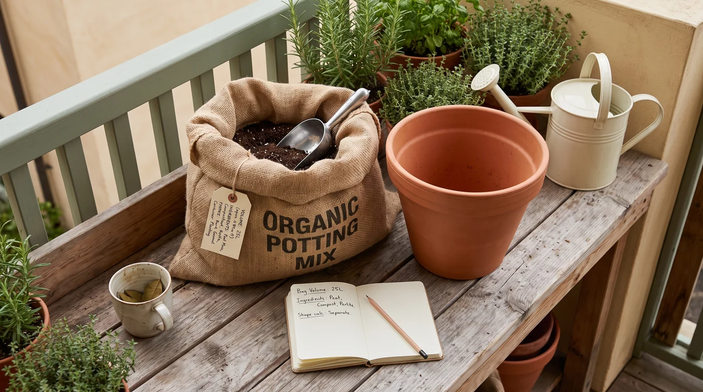 Keep the potting-mix label with the pot A bag of potting mix, scoop and empty pot on the balcony bench.