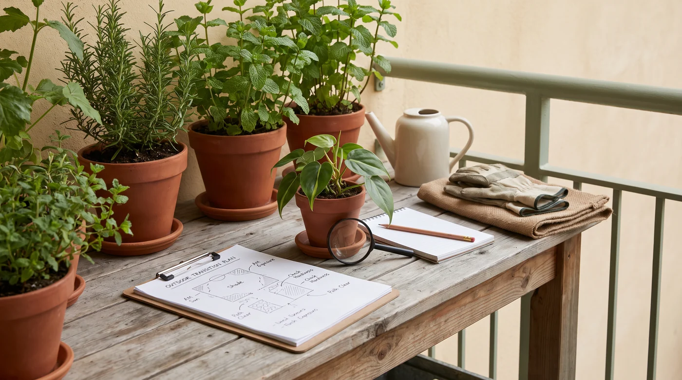 Plan the move from indoors to outdoors A young potted plant and an observation sheet beside gardening gloves.