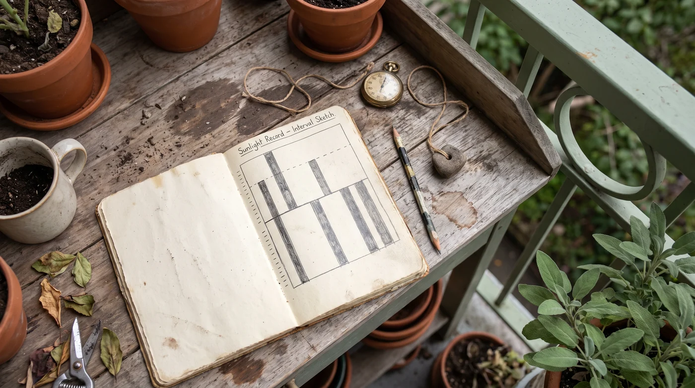 Keep the gaps in your sunlight record A daylight observation chart beside a timer and gardening twine.
