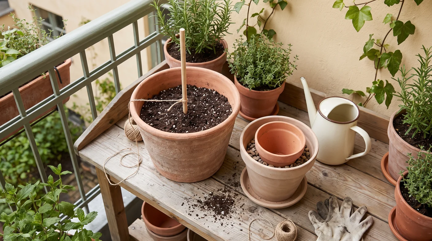 Containers & supports An empty pot and supported plant beside a depth marker and twine.