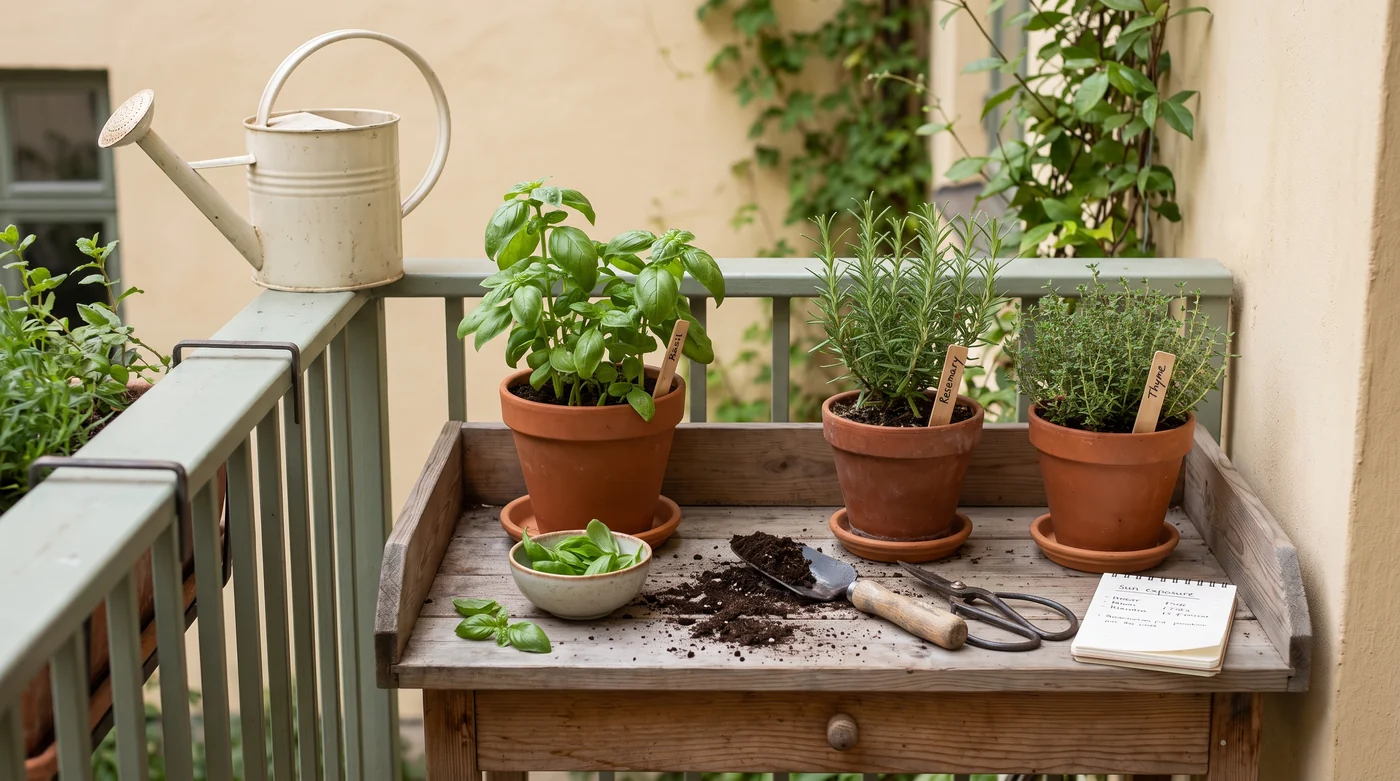 Herbs & edible growing Pots of basil and woody herbs beside a bowl of picked leaves.