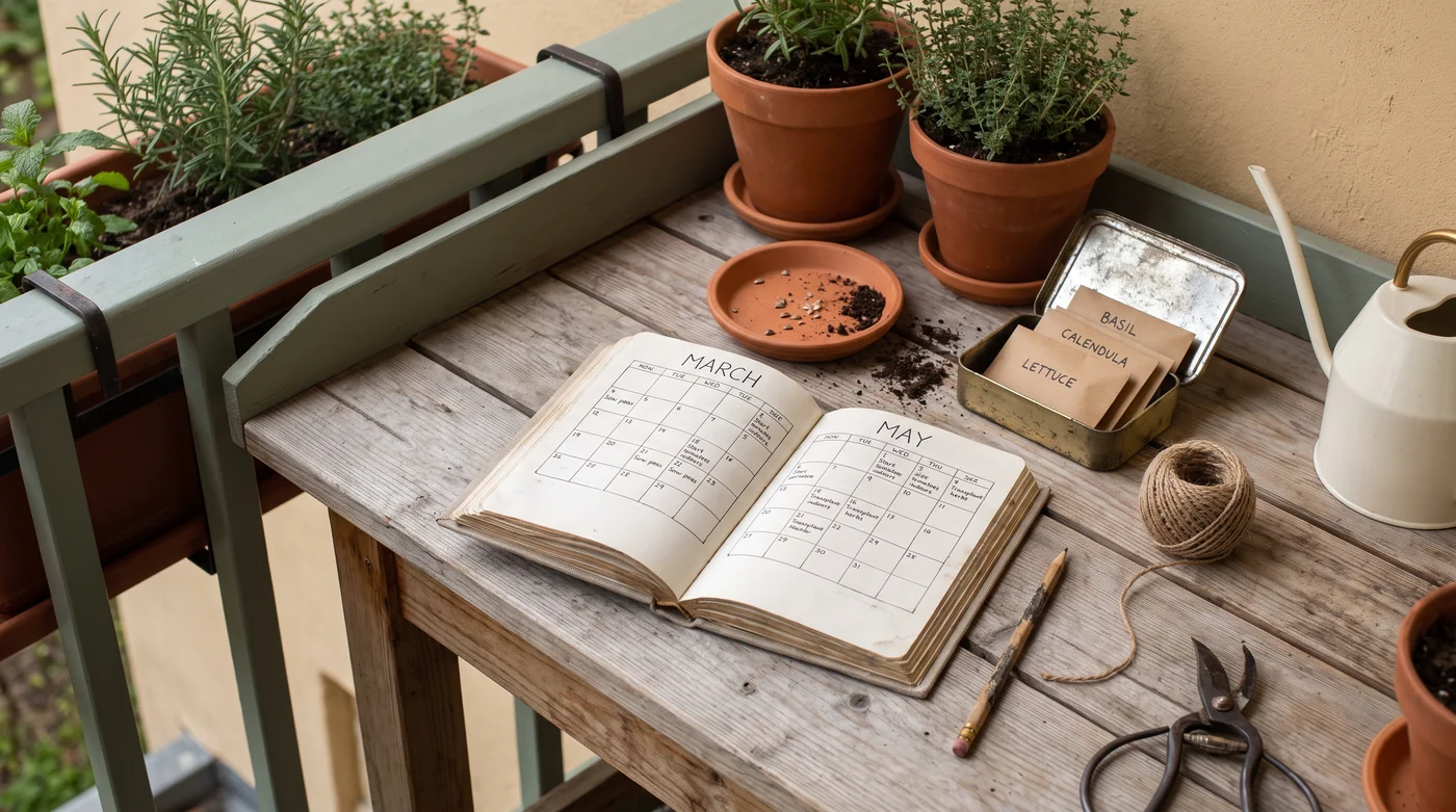 A seasonal calendar beside herb pots, seed envelopes and twine.