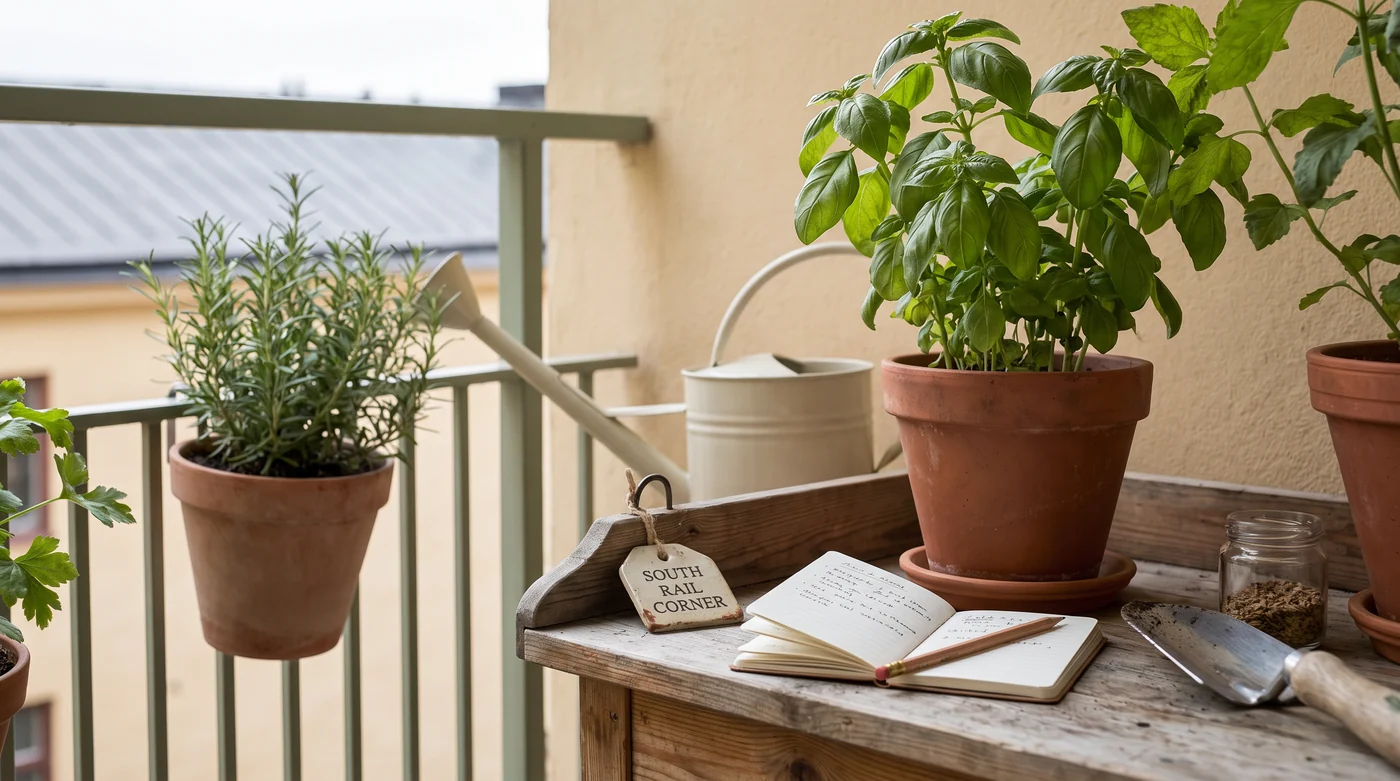 Grow by space Potted herbs and a space-planning notebook beside a watering can.
