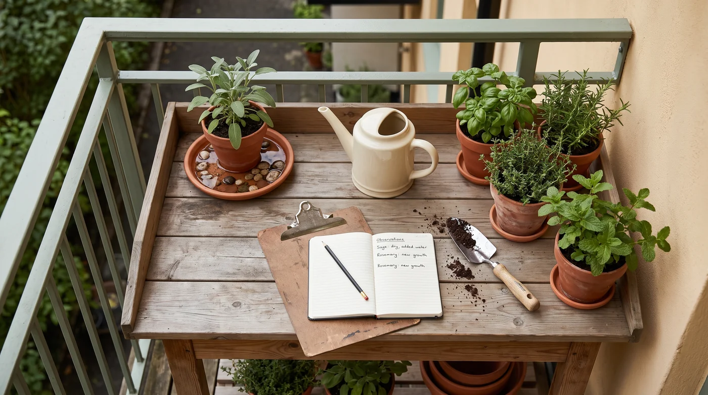 Watering & observation A watering notebook, trowel and herb pots on a balcony table.