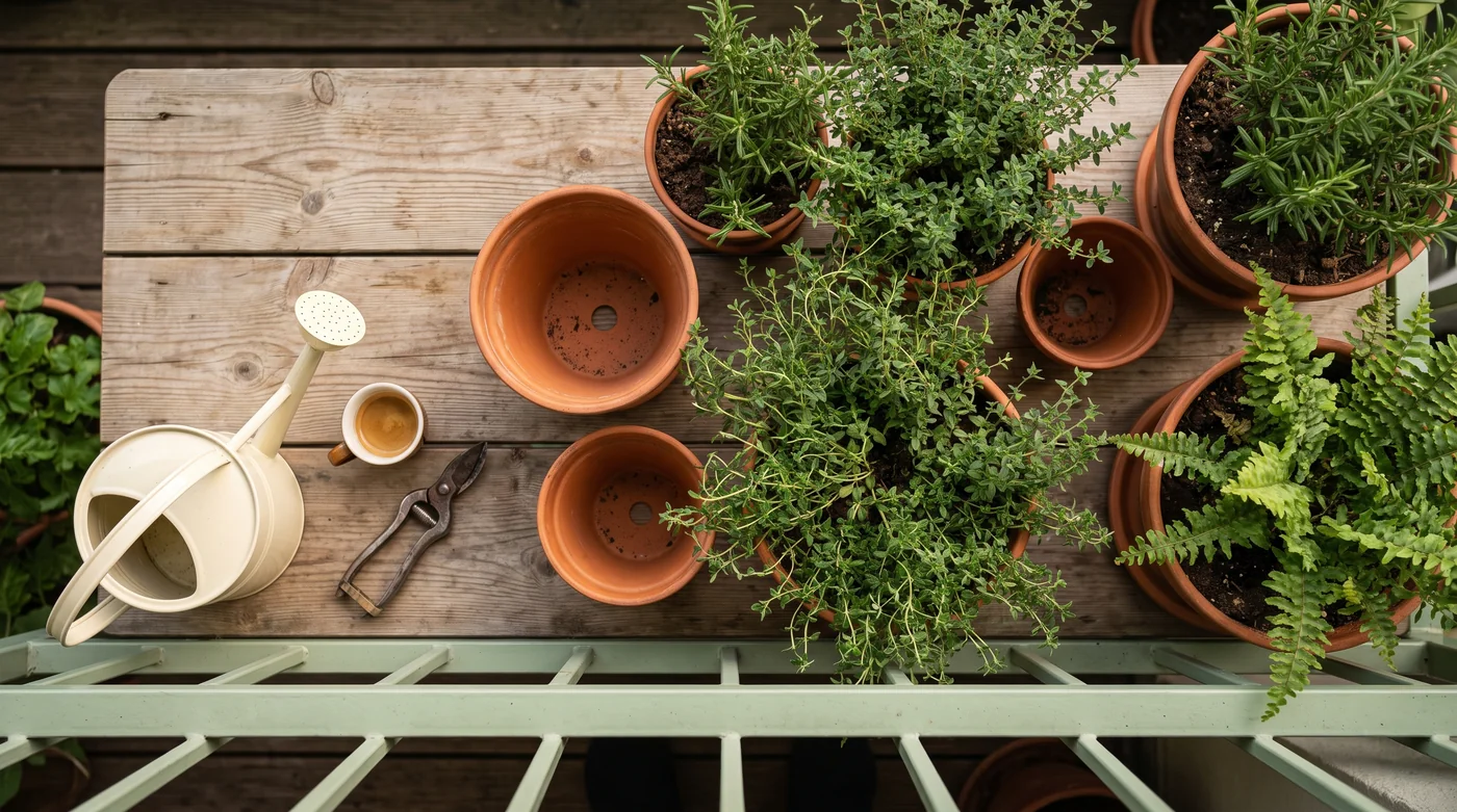 Illustrative garden pots and foliage. Illustrative garden pots and foliage.
