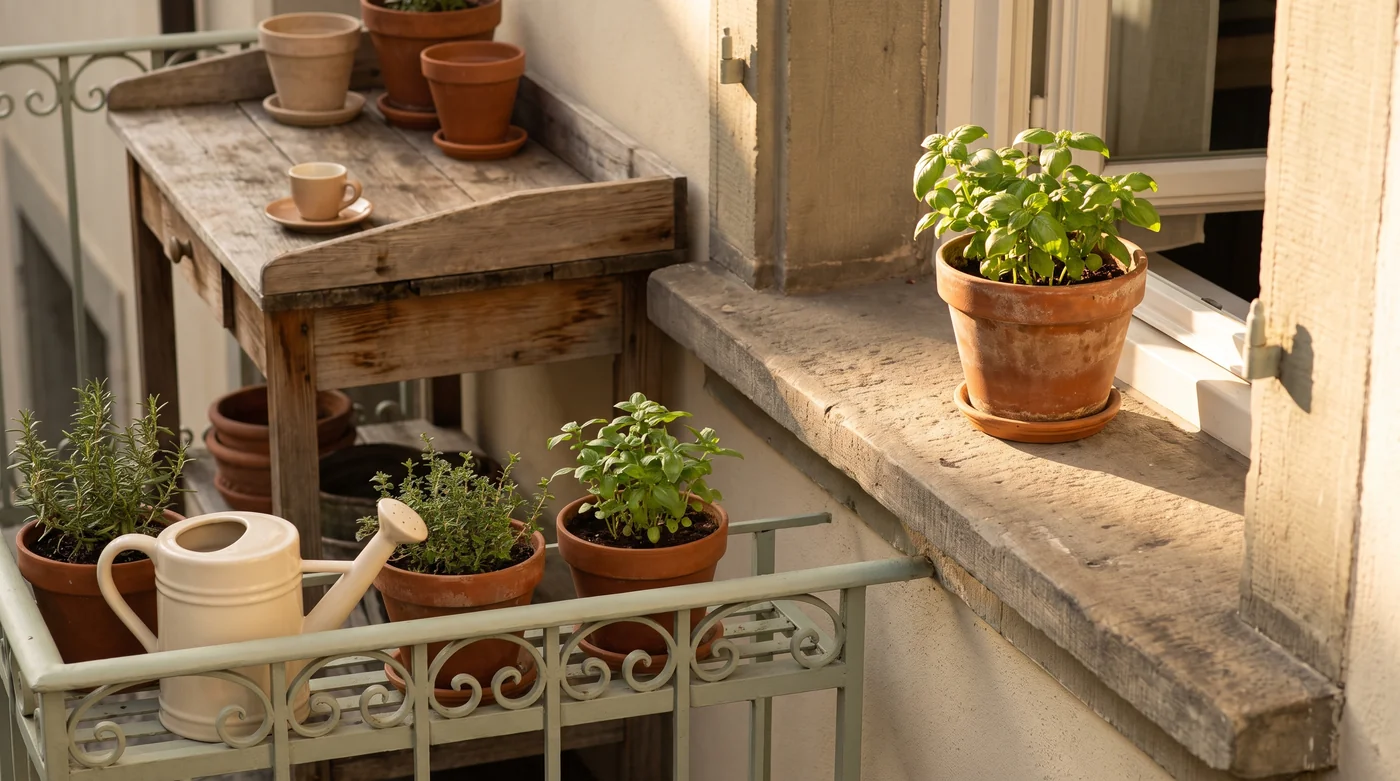 A potted plant on a sunlit windowsill above a small balcony table. A potted plant on a sunlit windowsill above a small balcony table.