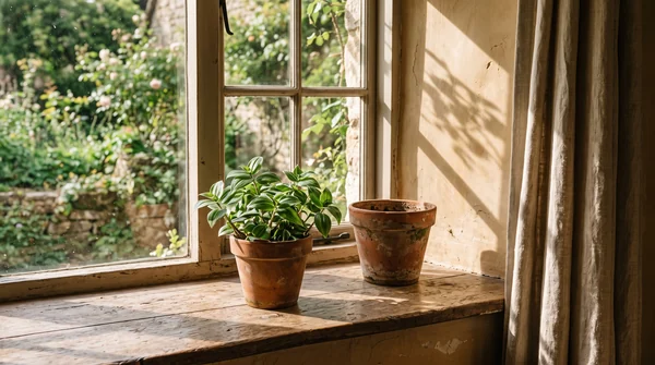 Soft sunlight across a deep windowsill with a terracotta pot and green leaves Soft sunlight across a deep windowsill with a terracotta pot and green leaves